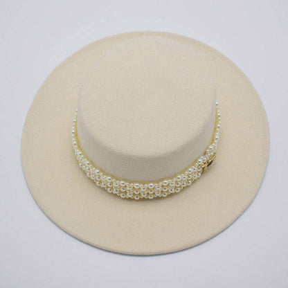 Wide Brim Flat Top Woolen Hat Women's Pearl Chain Felt Cap - Xmaker