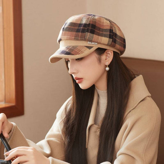 British Style Retro Plaid Octagonal Hat
