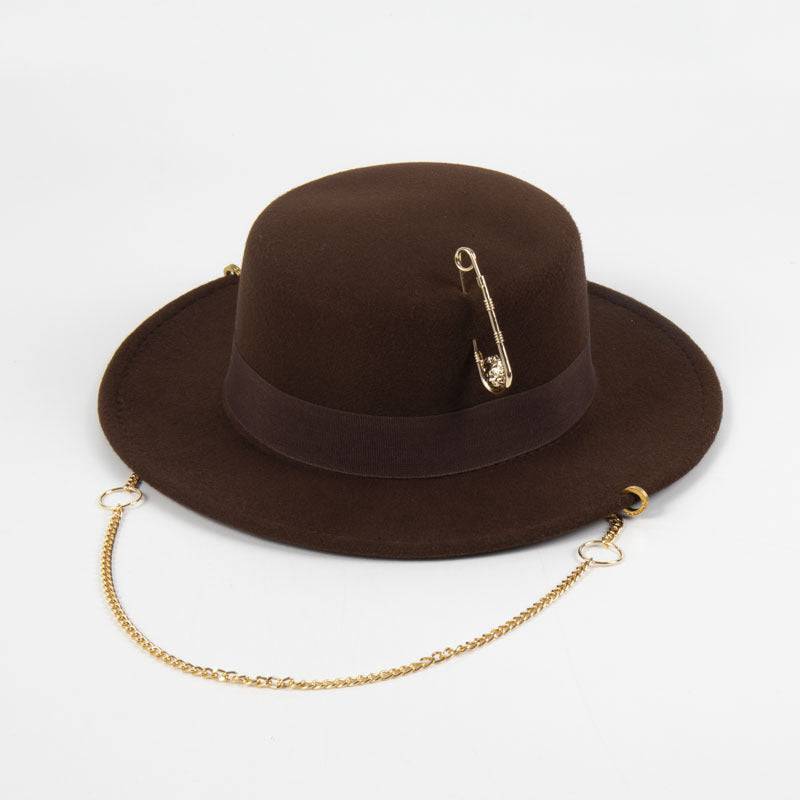 Women's  Felt Cap Pin Chain Decoration Flat Top Hat - Xmaker