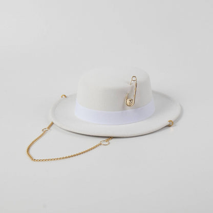 Women's  Felt Cap Pin Chain Decoration Flat Top Hat - Xmaker