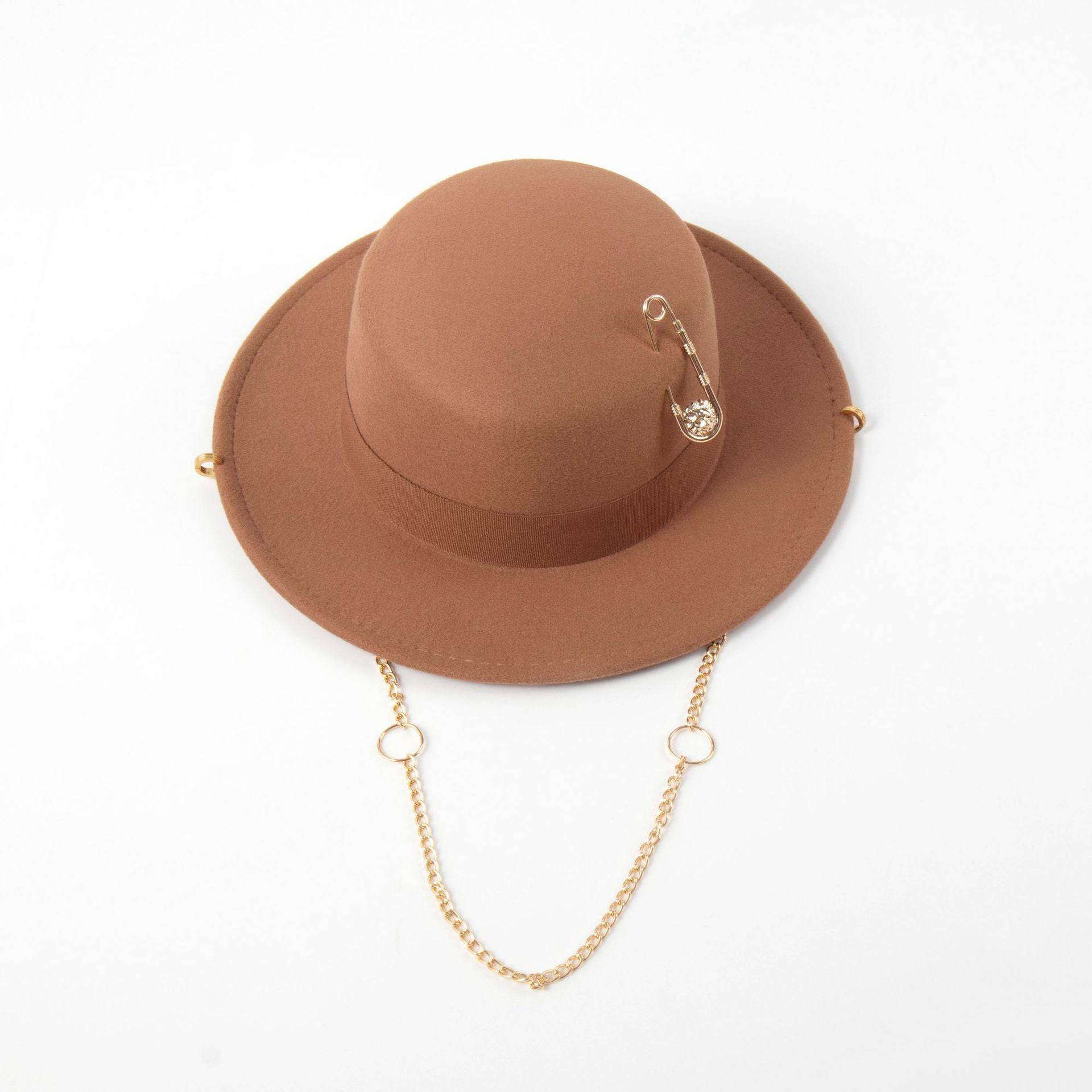 Women's  Felt Cap Pin Chain Decoration Flat Top Hat - Xmaker