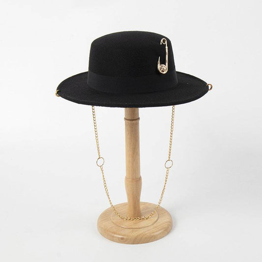 Women's  Felt Cap Pin Chain Decoration Flat Top Hat - Xmaker