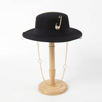 Women's  Felt Cap Pin Chain Decoration Flat Top Hat - Xmaker