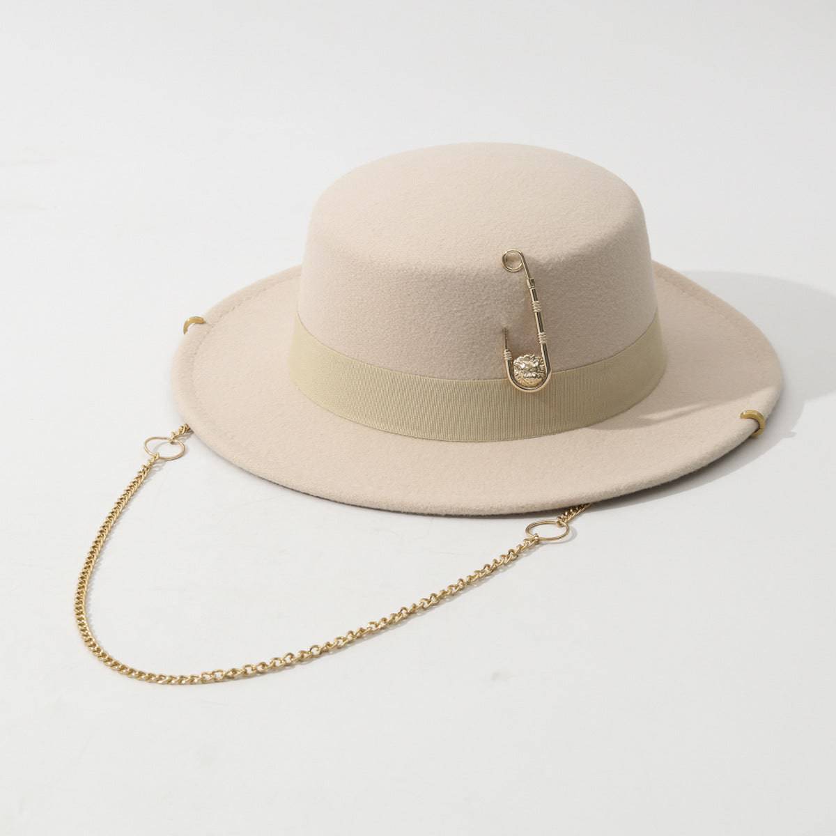 Women's  Felt Cap Pin Chain Decoration Flat Top Hat - Xmaker