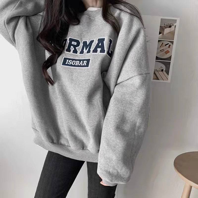 Gray Capless Round Neck Brushed Hoody Women's Loose - Xmaker