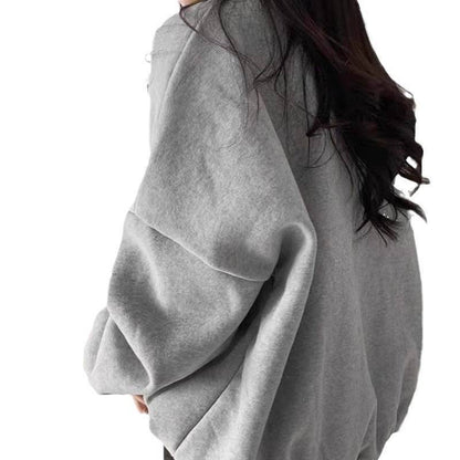 Gray Capless Round Neck Brushed Hoody Women's Loose - Xmaker