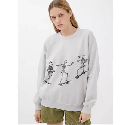 Women's Wear Long Sleeve Skull Skateboard Loose Top - Xmaker