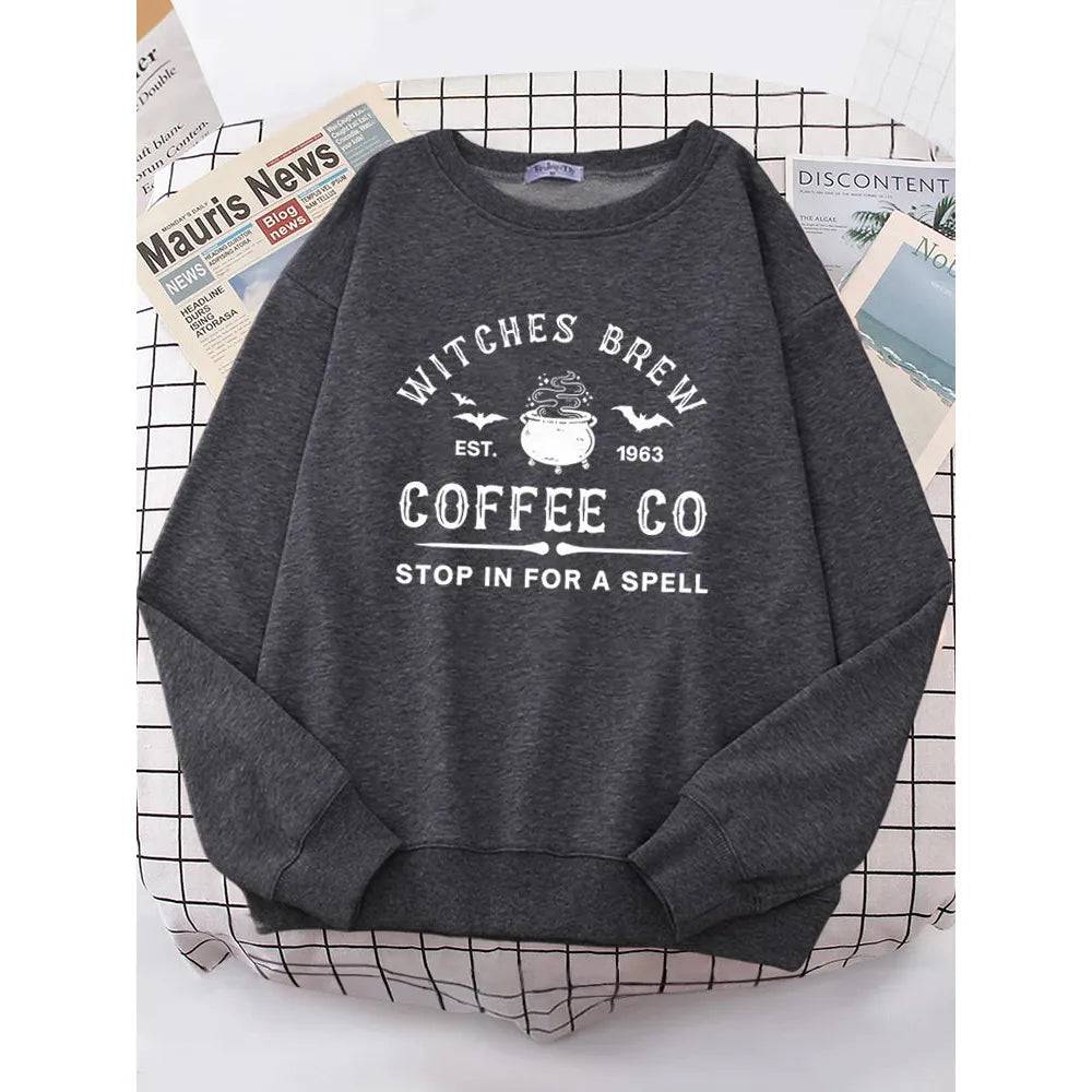 Witches Brew Coffee Letter Printing Simple Solid Color Letter Printing Womens Sweatshirts Long Sleeves Warm Pullover Clothes - Xmaker