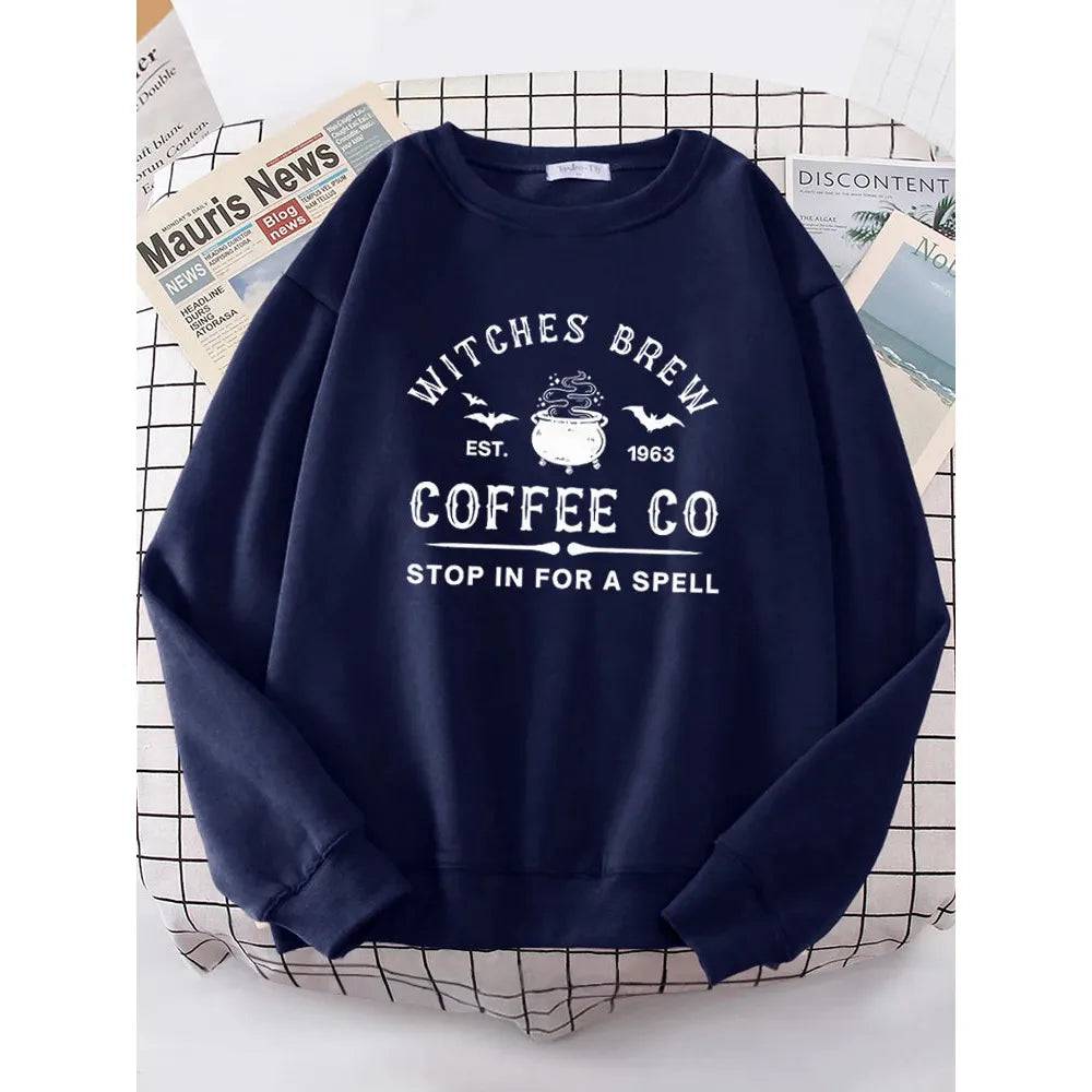 Witches Brew Coffee Letter Printing Simple Solid Color Letter Printing Womens Sweatshirts Long Sleeves Warm Pullover Clothes - Xmaker