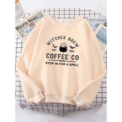 Witches Brew Coffee Letter Printing Simple Solid Color Letter Printing Womens Sweatshirts Long Sleeves Warm Pullover Clothes - Xmaker