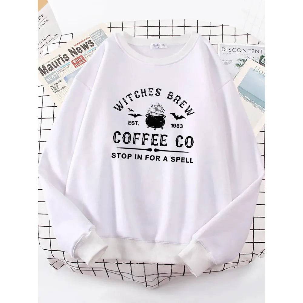 Witches Brew Coffee Letter Printing Simple Solid Color Letter Printing Womens Sweatshirts Long Sleeves Warm Pullover Clothes - Xmaker