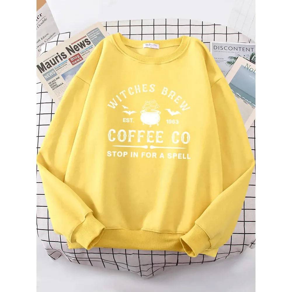 Witches Brew Coffee Letter Printing Simple Solid Color Letter Printing Womens Sweatshirts Long Sleeves Warm Pullover Clothes - Xmaker