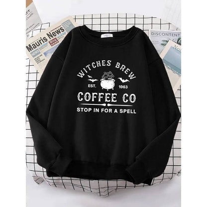 Witches Brew Coffee Letter Printing Simple Solid Color Letter Printing Womens Sweatshirts Long Sleeves Warm Pullover Clothes - Xmaker