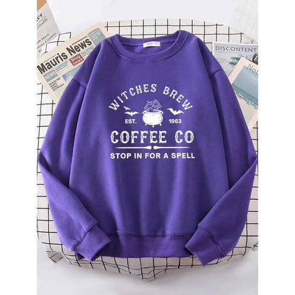 Witches Brew Coffee Letter Printing Simple Solid Color Letter Printing Womens Sweatshirts Long Sleeves Warm Pullover Clothes - Xmaker