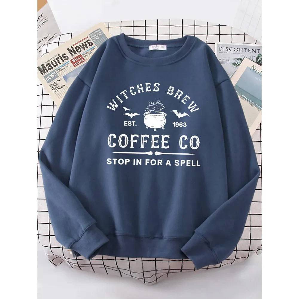 Witches Brew Coffee Letter Printing Simple Solid Color Letter Printing Womens Sweatshirts Long Sleeves Warm Pullover Clothes - Xmaker