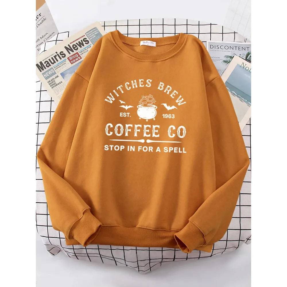 Witches Brew Coffee Letter Printing Simple Solid Color Letter Printing Womens Sweatshirts Long Sleeves Warm Pullover Clothes - Xmaker