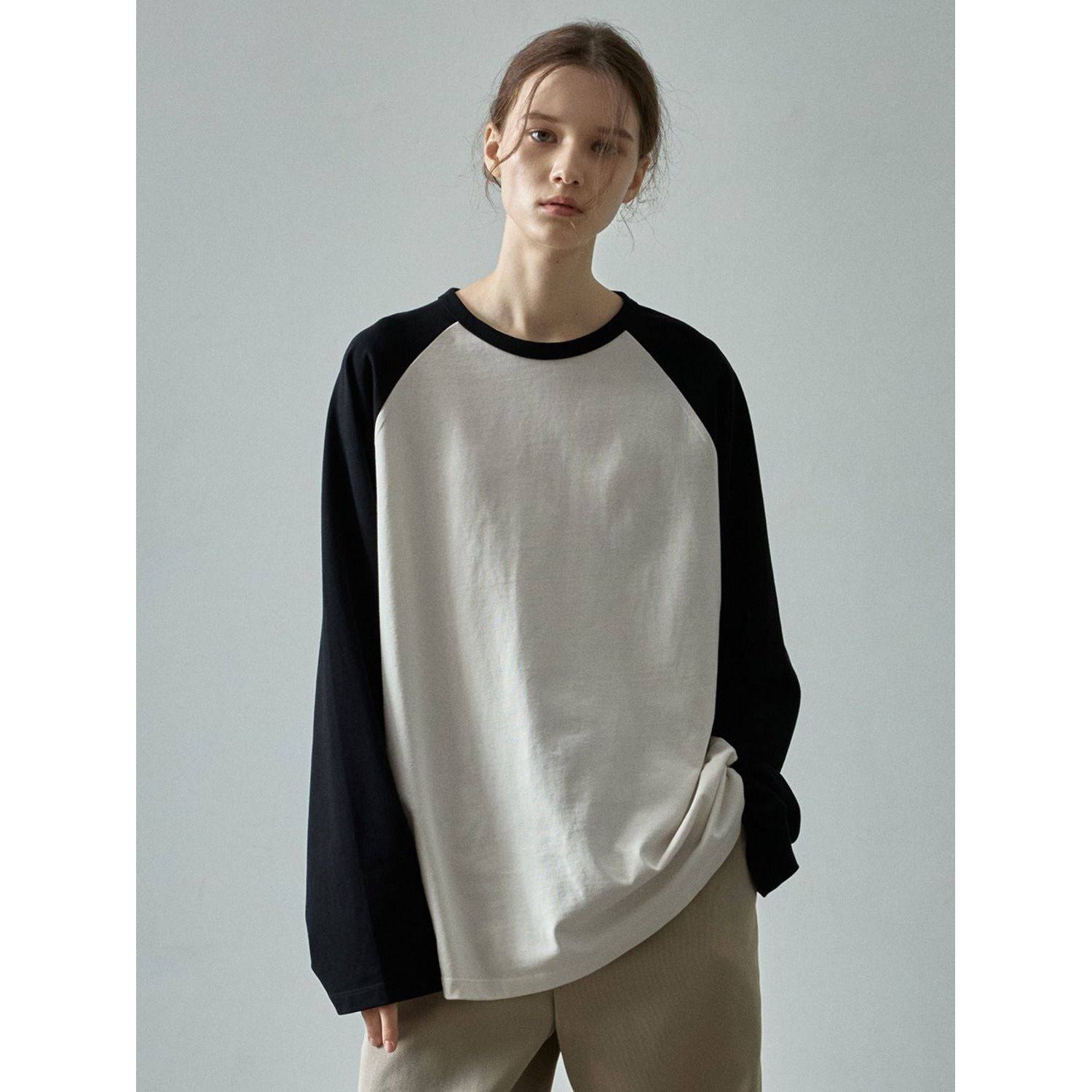 Casual Color Contrast Loose Round Neck Raglan Long Sleeve - Xmaker