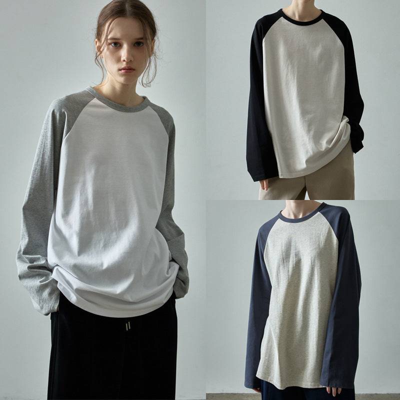 Casual Color Contrast Loose Round Neck Raglan Long Sleeve - Xmaker