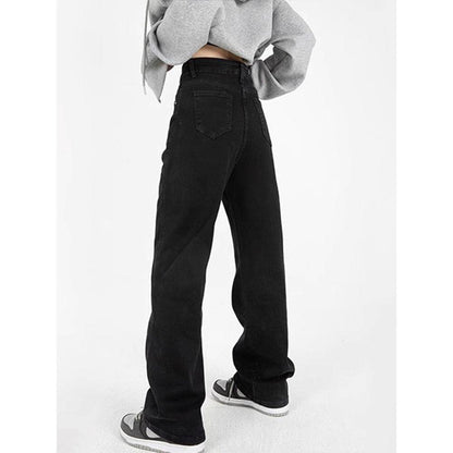 Plus Size Straight Black Jeans High Waist Wide Leg Pants - Xmaker