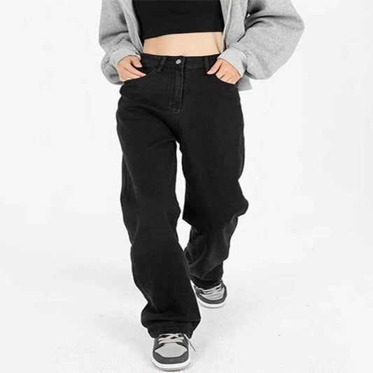 Plus Size Straight Black Jeans High Waist Wide Leg Pants - Xmaker