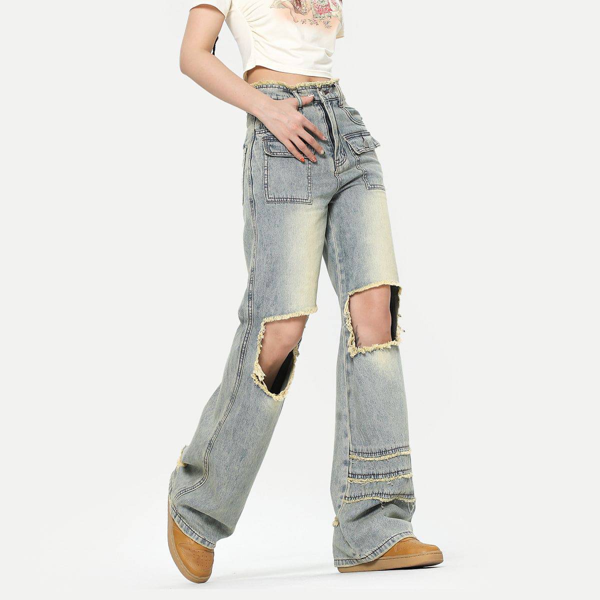 Retro Straight Knee-exposed Jeans Women - Xmaker