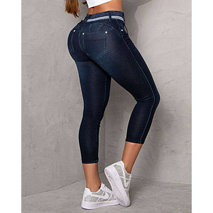 Striped Stitching Drawstring Tight Hip Raise Skinny Denim Ankle-length Pants - Xmaker