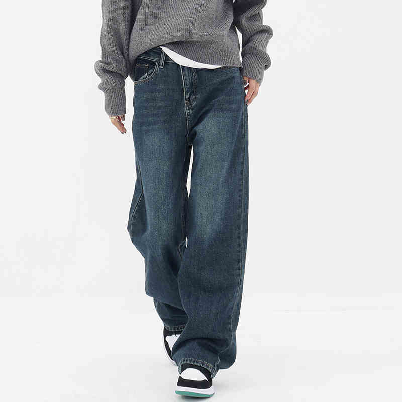 Retro Blue Jeans Women's Gradient High Waist Straight Casual Pants - Xmaker