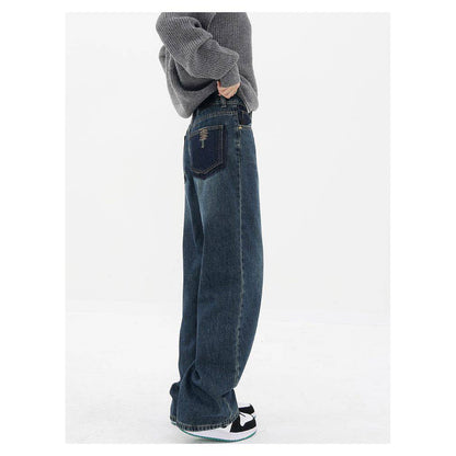 Retro Blue Jeans Women's Gradient High Waist Straight Casual Pants - Xmaker