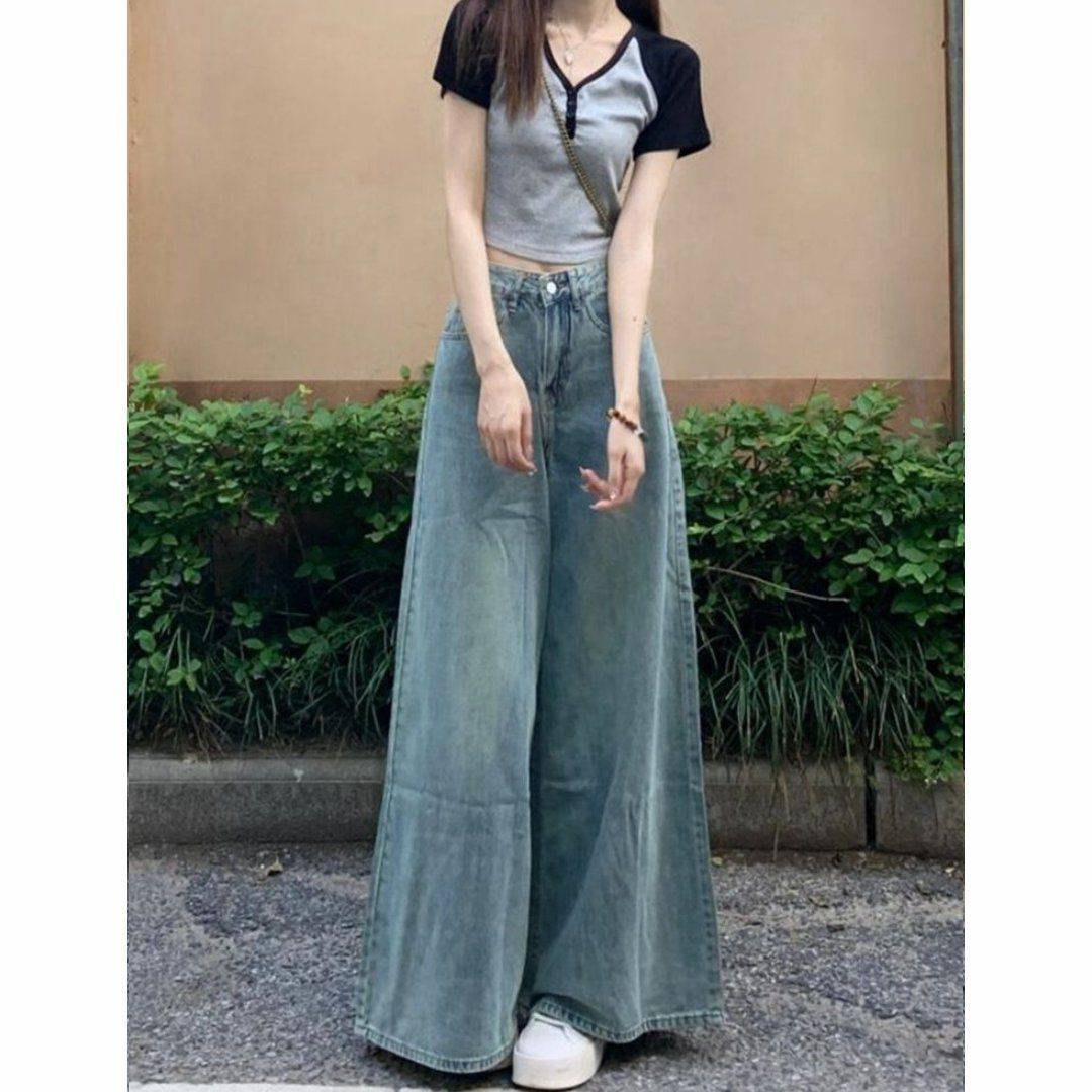 Washed-out Vintage Wide Leg Jeans High Waist Slimming - Xmaker