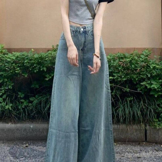 Washed-out Vintage Wide Leg Jeans High Waist Slimming - Xmaker