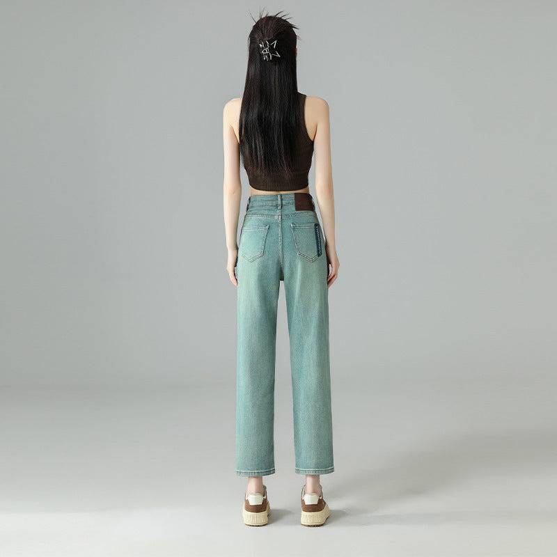 Women's Mint Green Cropped Embroidered Jeans Straight - Xmaker