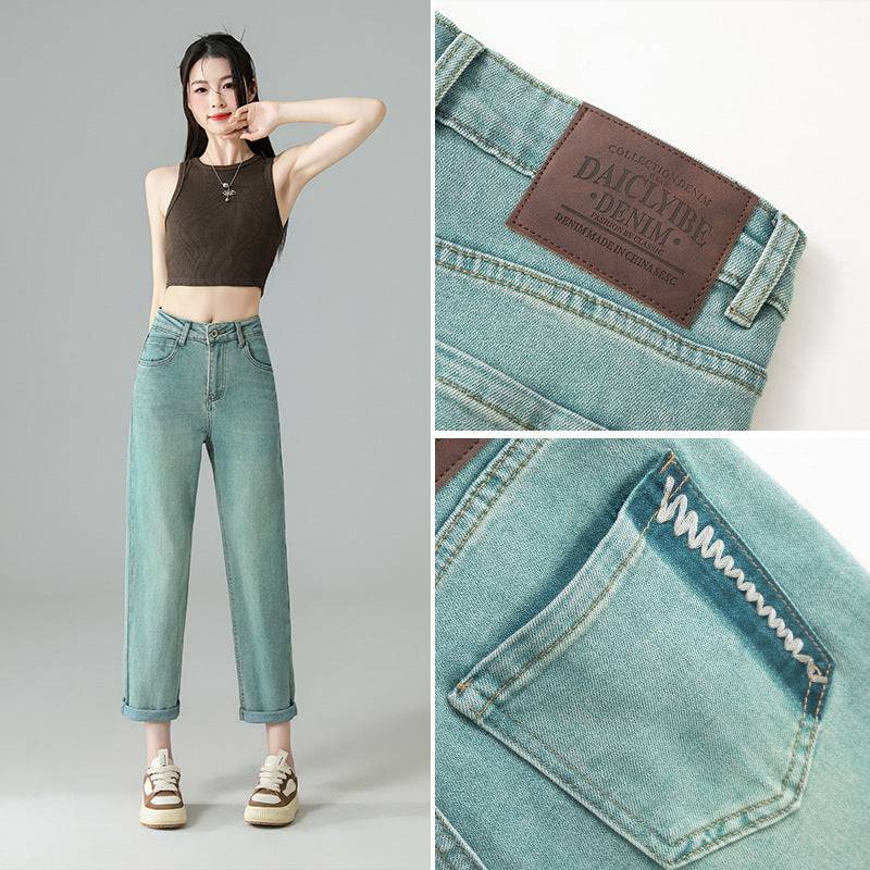 Women's Mint Green Cropped Embroidered Jeans Straight - Xmaker