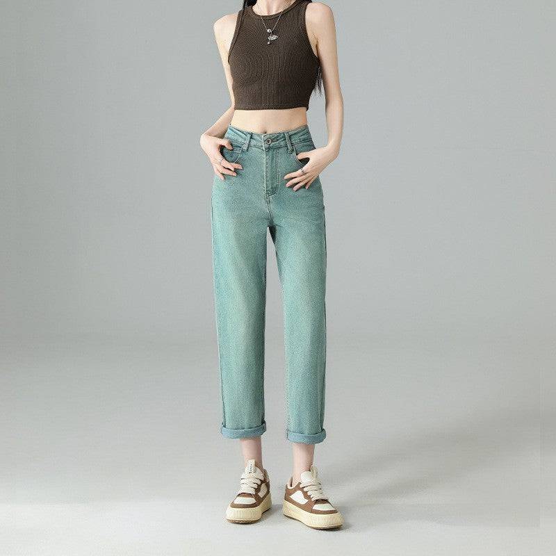 Women's Mint Green Cropped Embroidered Jeans Straight - Xmaker