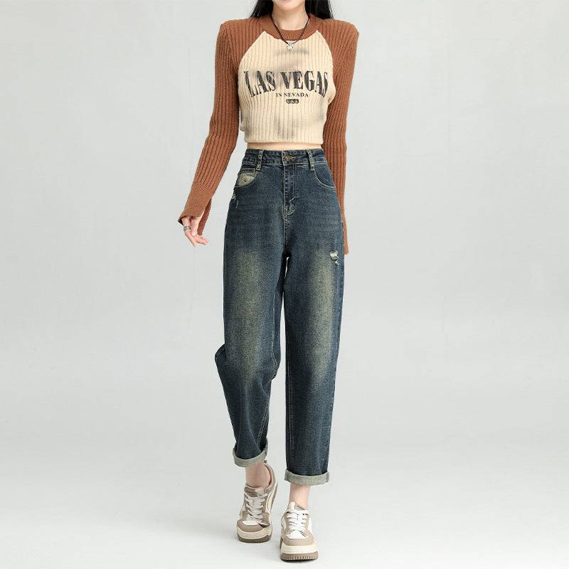 Water Washed Hole Harem Jeans Women - Xmaker