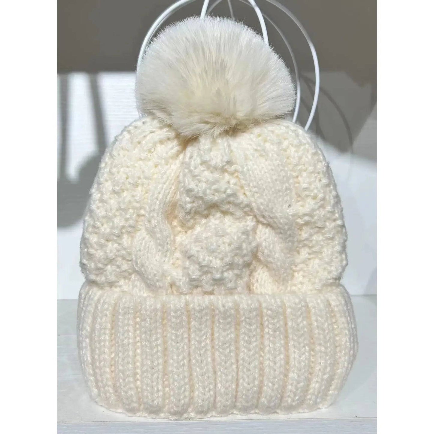 Twist Knitting Hat For Women Fur Pompom Thick Plush Cap - Xmaker