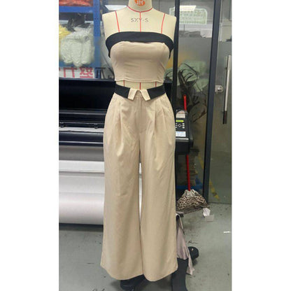 Contrast Color Vest Wide-leg Suit Pants Casual Two-piece Suit - Xmaker