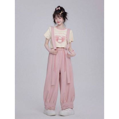 Cotton Sweet Drawstring Women's Small Blush Rabbit Suspender Pants - Xmaker