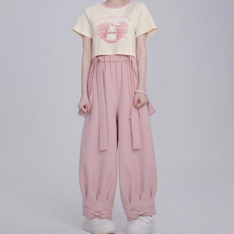 Cotton Sweet Drawstring Women's Small Blush Rabbit Suspender Pants - Xmaker