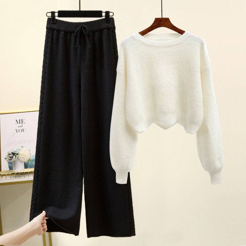 Set Knitted Sweater Slimming Wide Leg Pants Suit - Xmaker