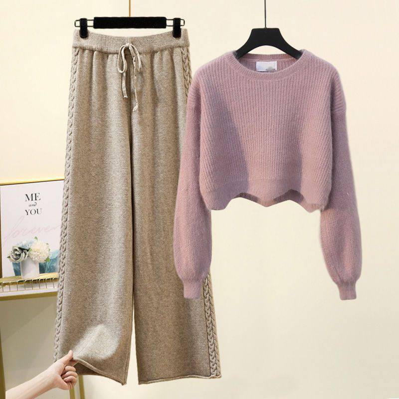 Set Knitted Sweater Slimming Wide Leg Pants Suit - Xmaker