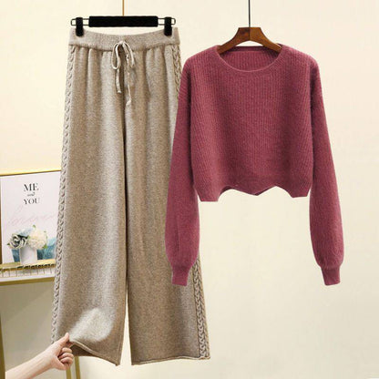 Set Knitted Sweater Slimming Wide Leg Pants Suit - Xmaker