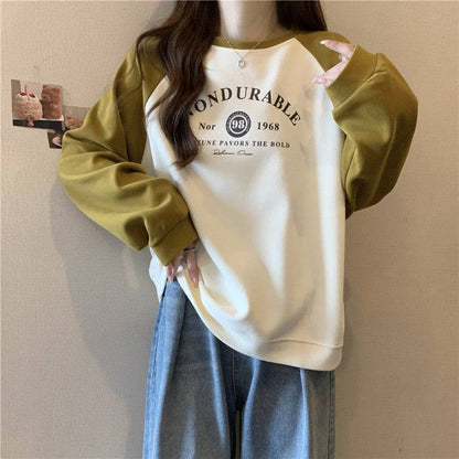 Contrast Color Raglan Long Sleeve Hooded Printed Women - Xmaker