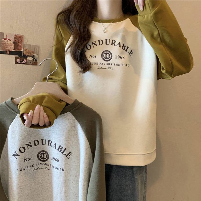 Contrast Color Raglan Long Sleeve Hooded Printed Women - Xmaker