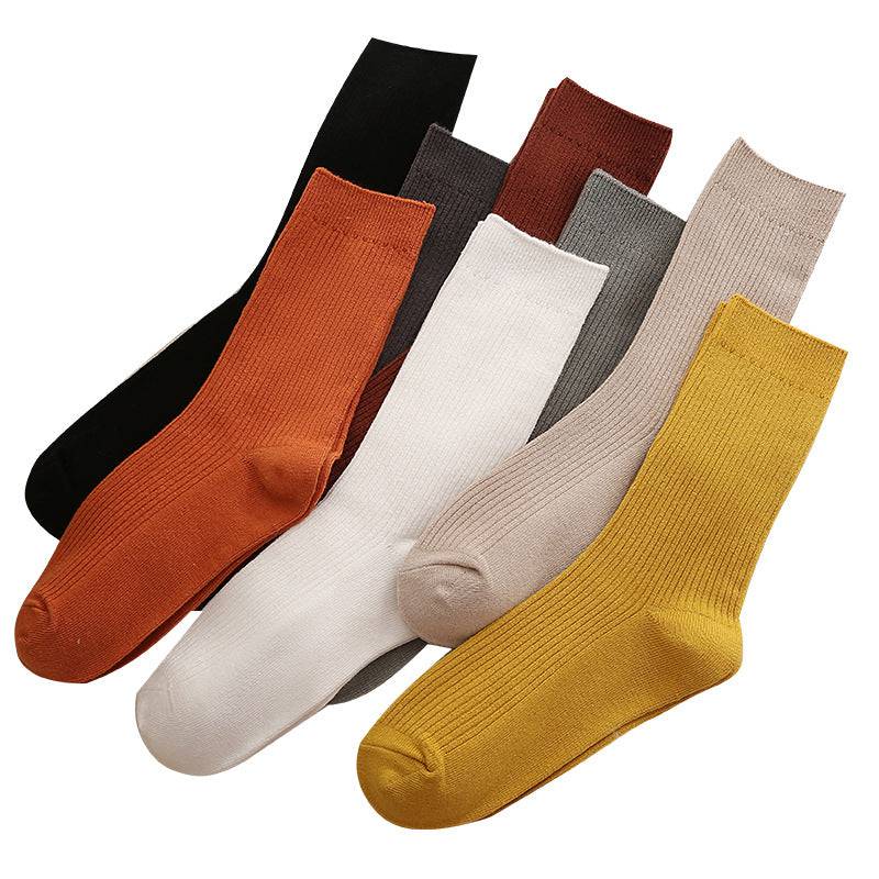 Women solid color double needle vertical striped cotton socks - Xmaker. Inc