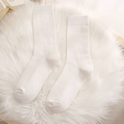 Women solid color double needle vertical striped cotton socks - Xmaker