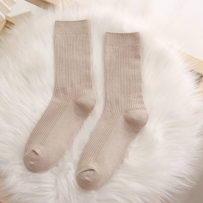Women solid color double needle vertical striped cotton socks - Xmaker