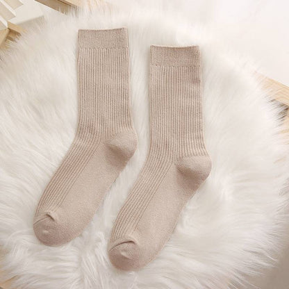 Women solid color double needle vertical striped cotton socks - Xmaker