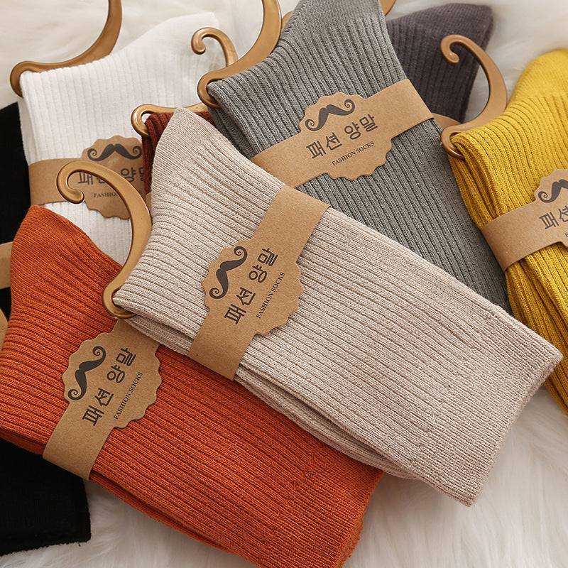 Women solid color double needle vertical striped cotton socks - Xmaker