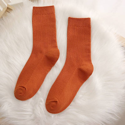 Women solid color double needle vertical striped cotton socks - Xmaker
