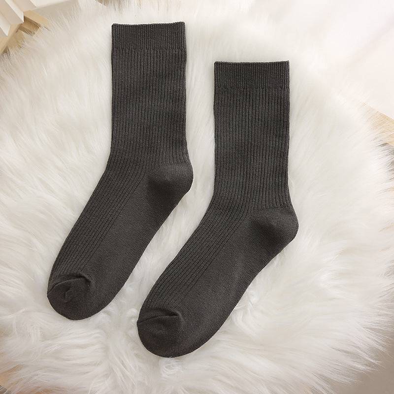 Women solid color double needle vertical striped cotton socks - Xmaker